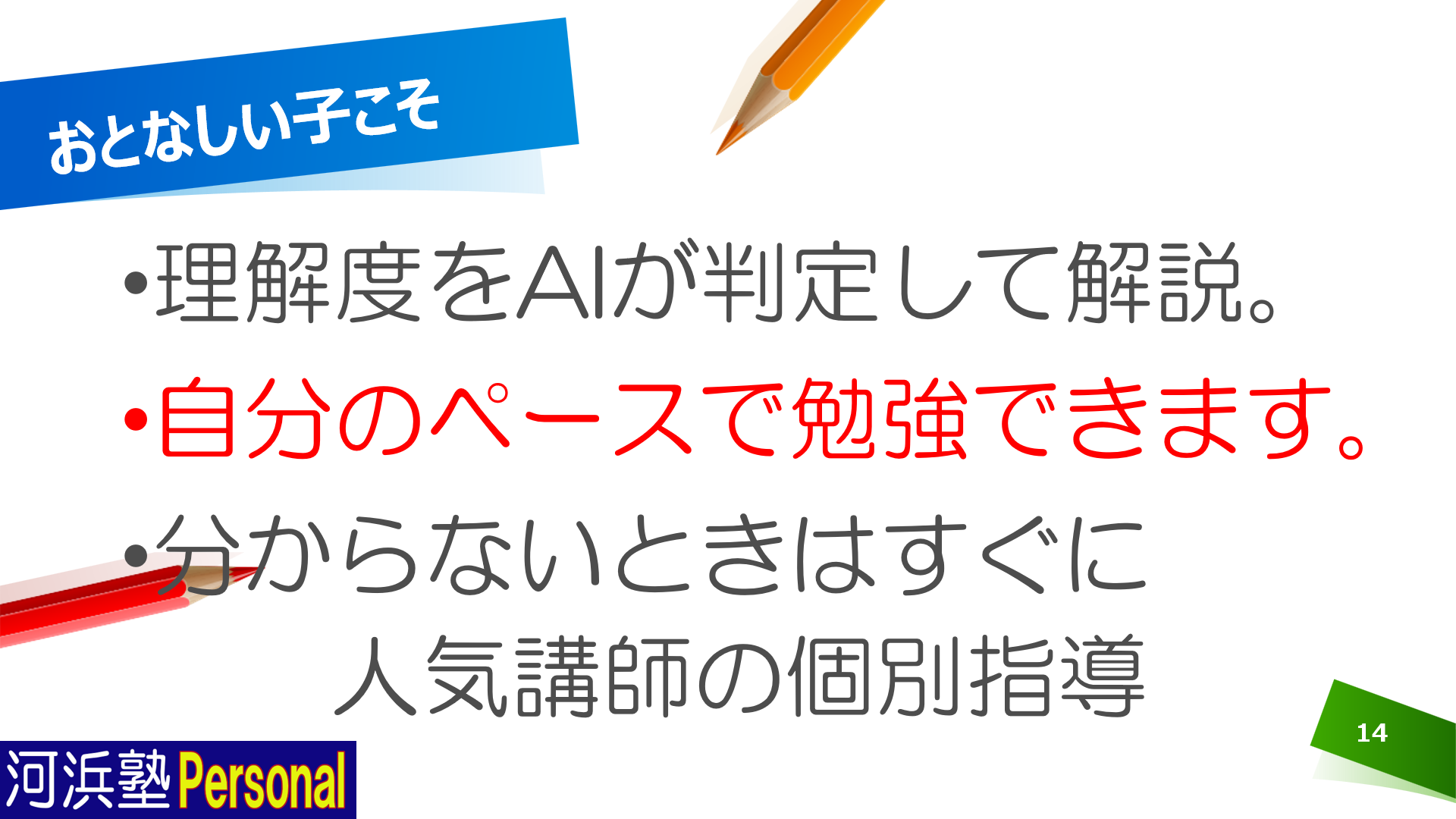 AIが判定して進めるから、自分のペースで勉強できます。分からないときは講師が個別指導を行います。